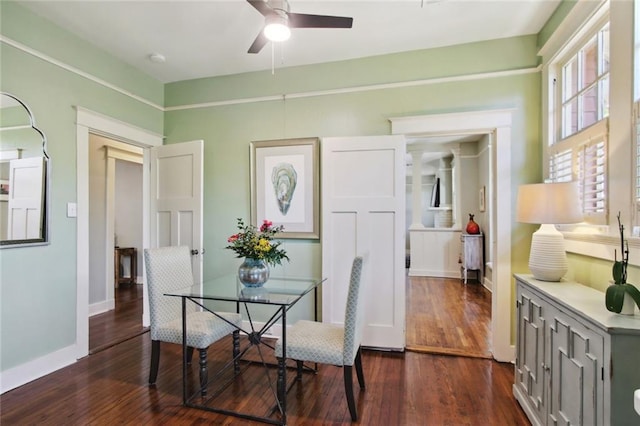 dining room featuring dark wood-type flooring and ceiling fan