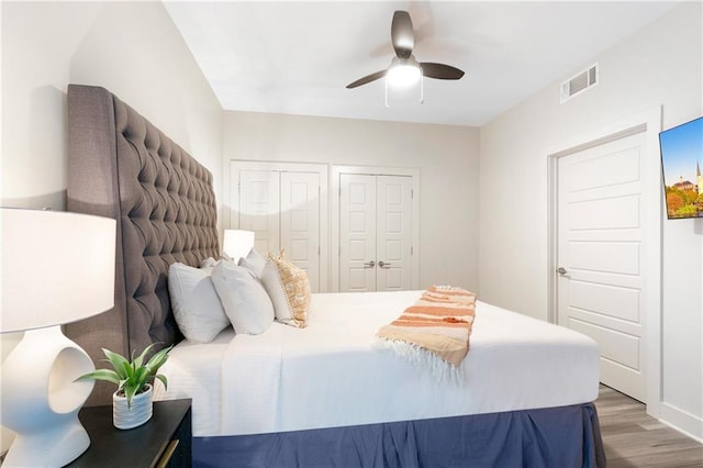 bedroom with wood-type flooring, ceiling fan, and two closets