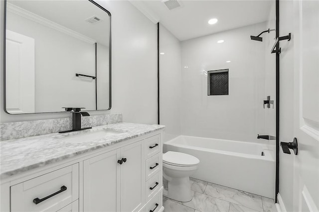 full bathroom featuring vanity, toilet, ornamental molding, and shower / bathtub combination