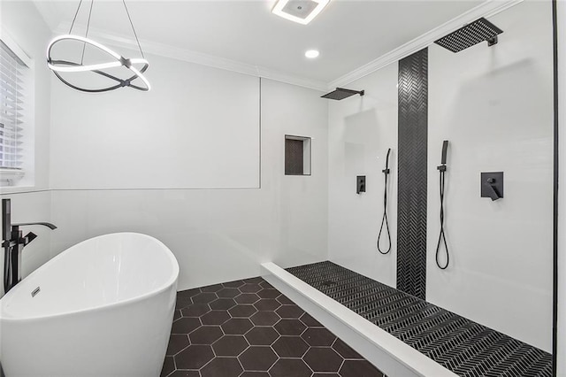 bathroom featuring a notable chandelier, tile patterned floors, walk in shower, and ornamental molding