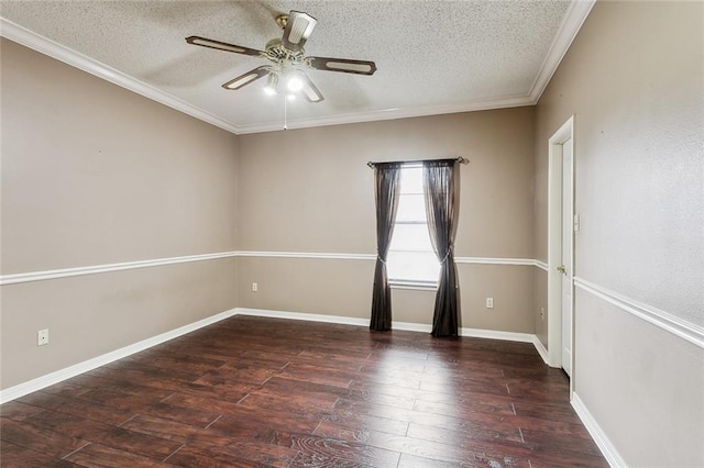 empty room featuring ornamental molding, ceiling fan, a textured ceiling, and dark hardwood / wood-style flooring