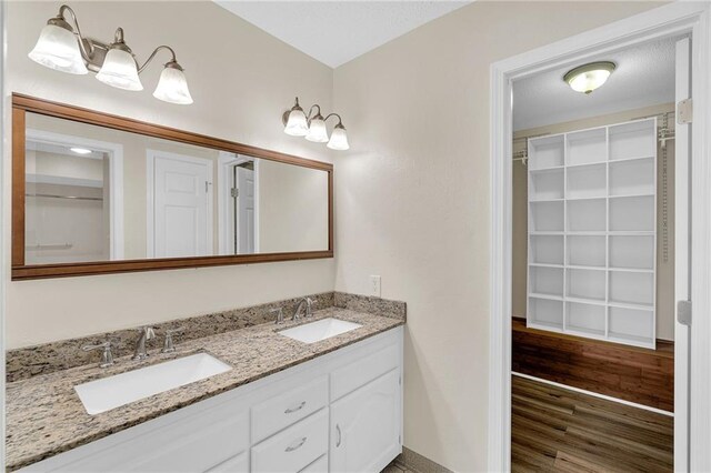 bathroom with vanity and wood-type flooring