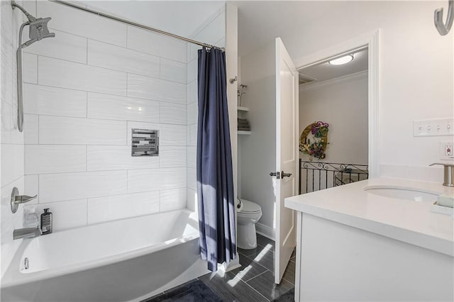 full bathroom with ornamental molding, vanity, toilet, and shower / tub combo with curtain