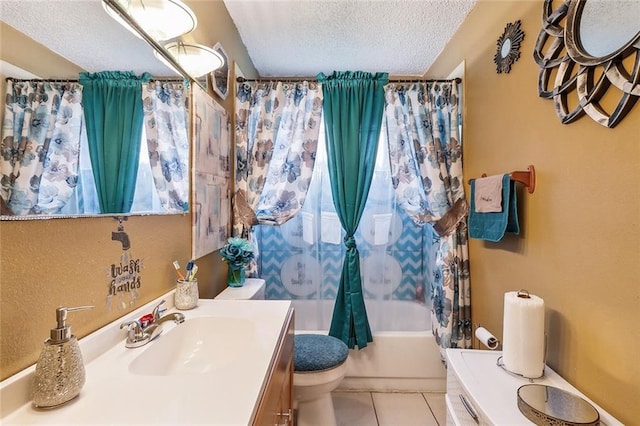 full bathroom with vanity, a textured ceiling, shower / bath combo, tile patterned flooring, and toilet