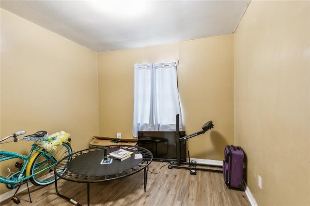 workout room featuring light wood-type flooring