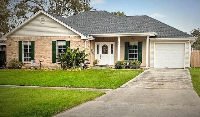 ranch-style house featuring a garage and a front lawn