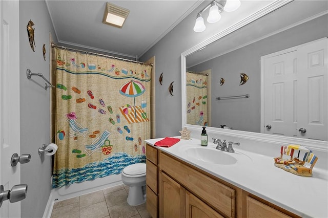 full bathroom featuring shower / bath combination with curtain, ornamental molding, vanity, tile patterned floors, and toilet