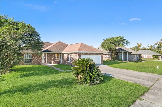 ranch-style house featuring a front lawn and a garage