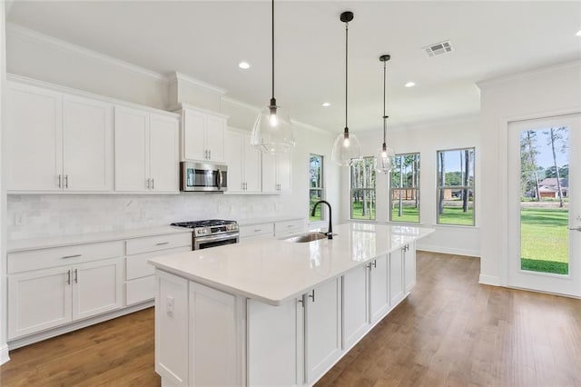 kitchen featuring appliances with stainless steel finishes, sink, pendant lighting, white cabinetry, and an island with sink