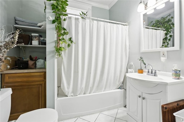 full bathroom featuring crown molding, vanity, tile patterned flooring, toilet, and shower / bath combo with shower curtain