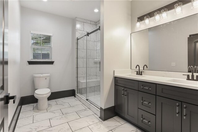 3227 Toledano St, New Orleans, LA 70125 - full bath featuring marble look tiles, baseboards, toilet, a stall shower, and recessed lighting