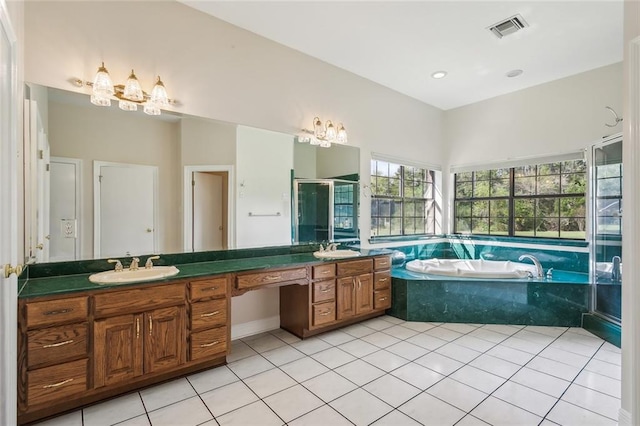 bathroom with vanity, tile patterned flooring, and separate shower and tub