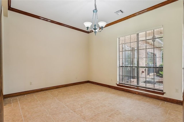 spare room featuring light tile patterned floors, crown molding, and a notable chandelier