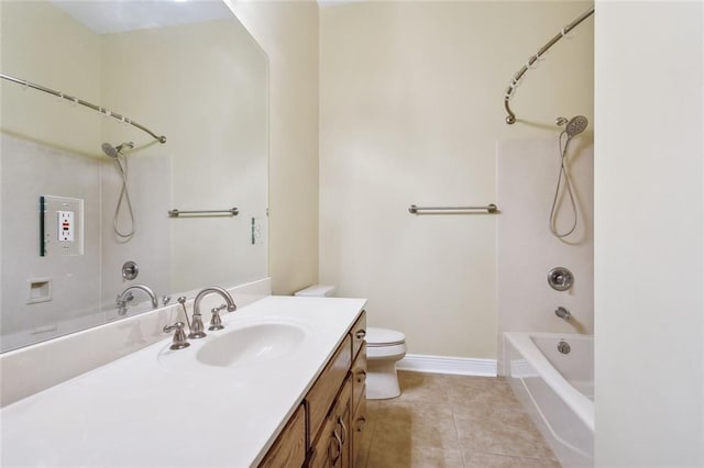 full bathroom featuring vanity, washtub / shower combination, tile patterned floors, and toilet