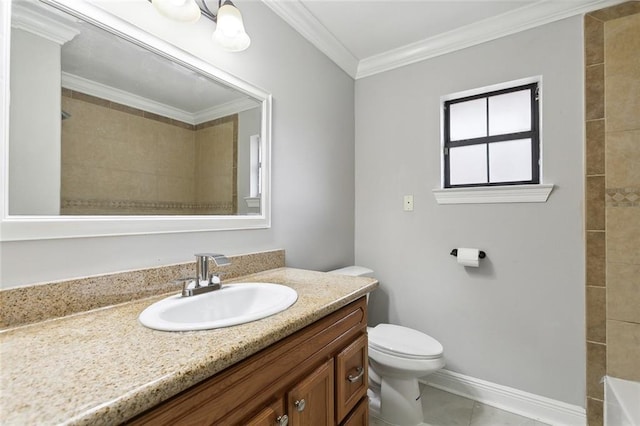 bathroom featuring a tile shower, crown molding, vanity, tile patterned flooring, and toilet