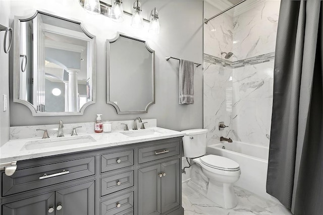 full bathroom featuring toilet, shower / bath combo, and vanity