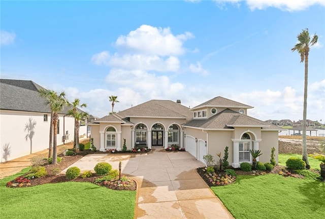 mediterranean / spanish-style home featuring a front lawn and a garage