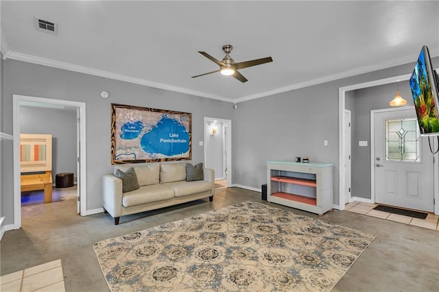 living room with ceiling fan and crown molding