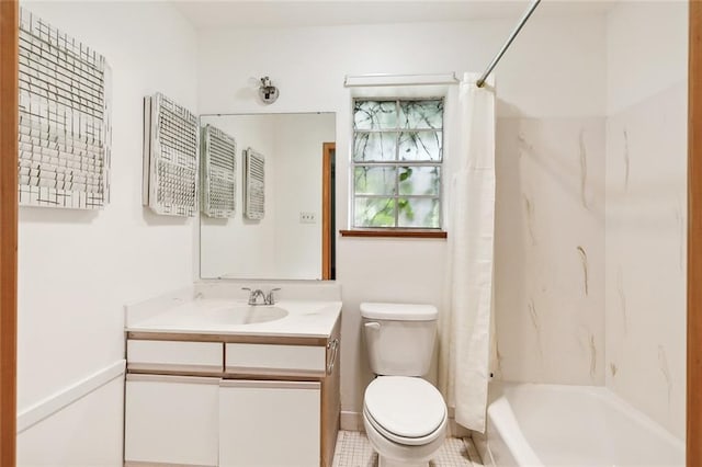 full bathroom with vanity, toilet, and shower / tub combo with curtain