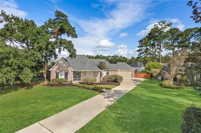 ranch-style house featuring a garage and a front lawn