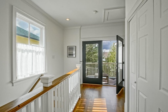 doorway to outside with plenty of natural light, dark hardwood / wood-style floors, and crown molding