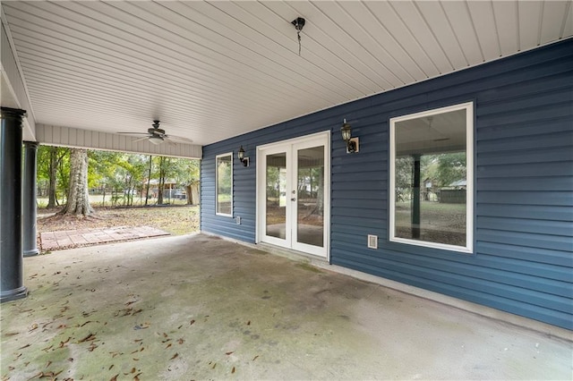 view of patio with french doors and ceiling fan