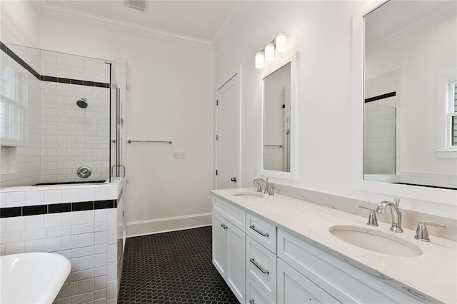 bathroom with independent shower and bath, tile patterned flooring, vanity, and crown molding