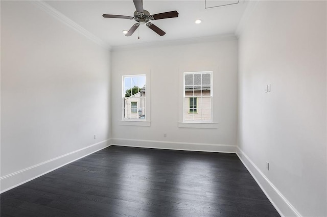 spare room featuring ornamental molding, dark hardwood / wood-style flooring, and ceiling fan