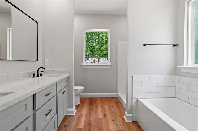 bathroom featuring hardwood / wood-style flooring, vanity, a bath, and toilet