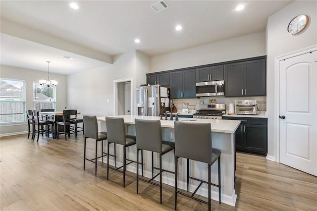 kitchen featuring stainless steel appliances, light hardwood / wood-style floors, a center island with sink, an inviting chandelier, and decorative light fixtures