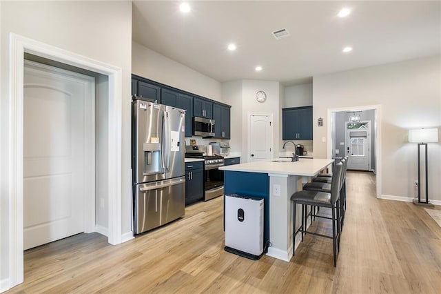 kitchen featuring a kitchen bar, sink, an island with sink, light wood-type flooring, and appliances with stainless steel finishes