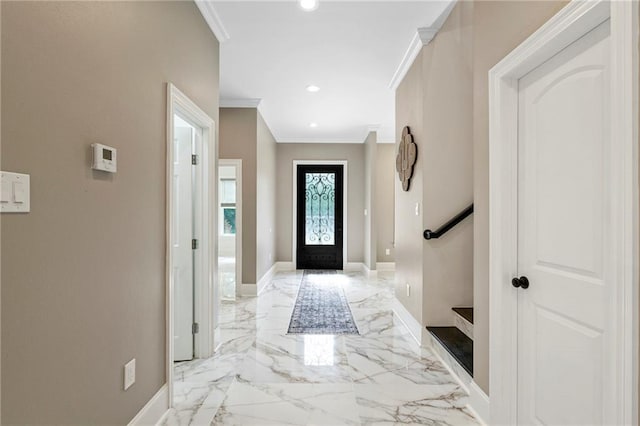 interior space featuring ornamental molding, baseboards, marble finish floor, and recessed lighting