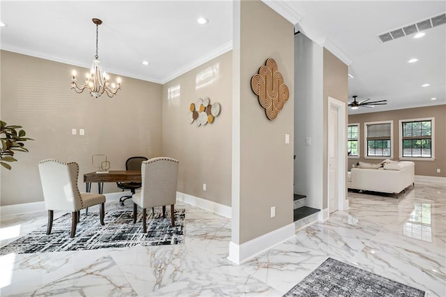 dining area featuring visible vents, baseboards, marble finish floor, ornamental molding, and recessed lighting