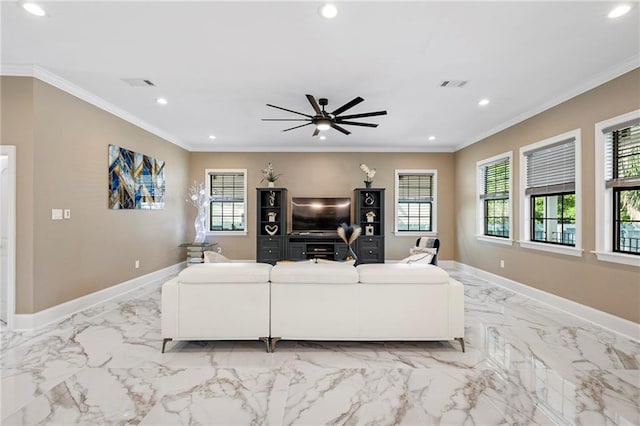 living area featuring recessed lighting, marble finish floor, ornamental molding, ceiling fan, and visible vents