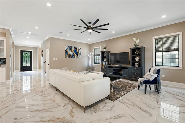 living room featuring a ceiling fan, marble finish floor, and plenty of natural light