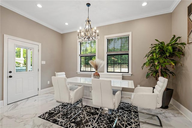 dining area featuring an inviting chandelier, marble finish floor, baseboards, and recessed lighting