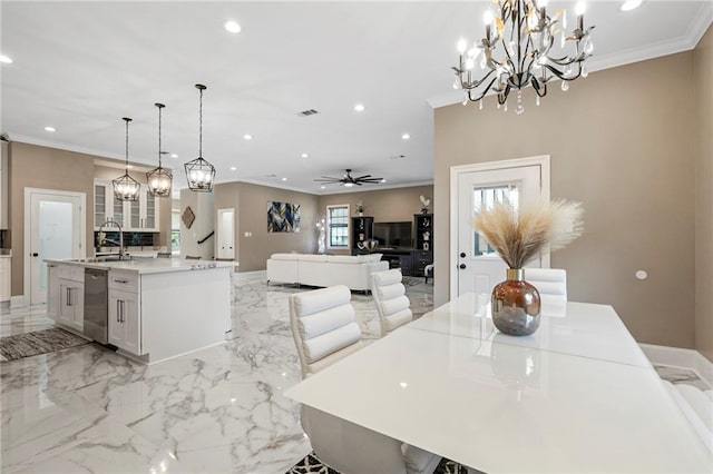dining space featuring marble finish floor, ceiling fan with notable chandelier, ornamental molding, and recessed lighting