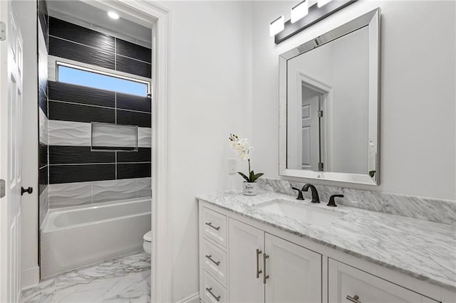 full bath with toilet, tub / shower combination, baseboards, marble finish floor, and vanity