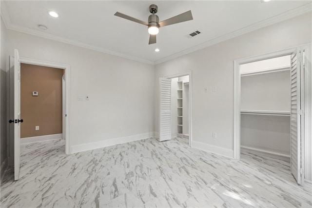 unfurnished bedroom featuring crown molding, visible vents, marble finish floor, and recessed lighting