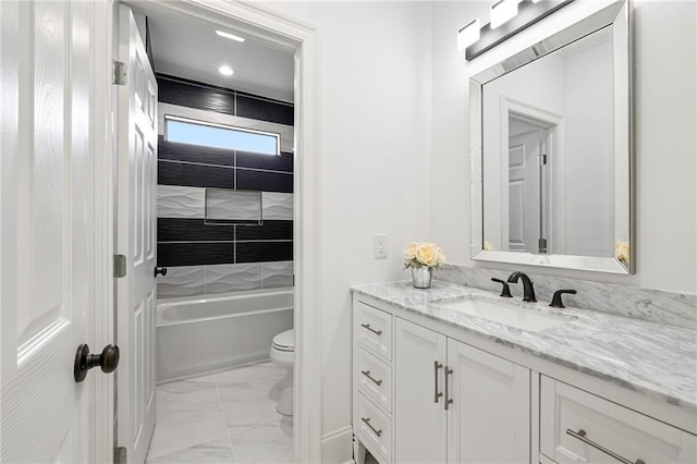 full bath with recessed lighting, toilet, marble finish floor, vanity, and bathtub / shower combination