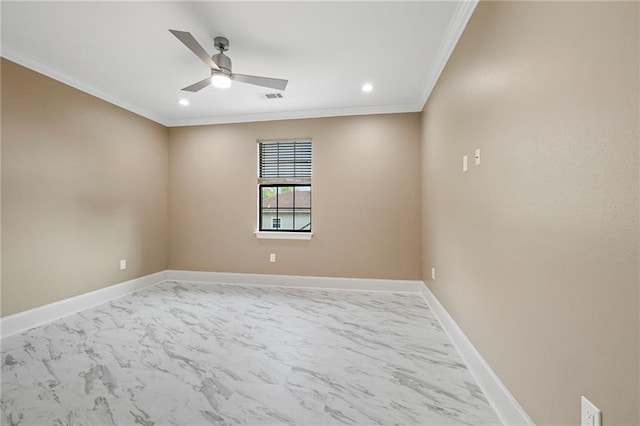spare room with recessed lighting, baseboards, marble finish floor, ornamental molding, and ceiling fan