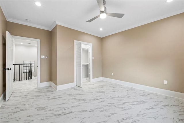 unfurnished bedroom with baseboards, marble finish floor, ornamental molding, and recessed lighting