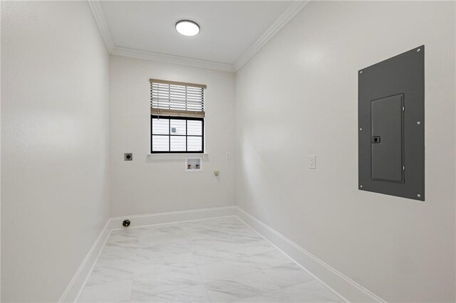 laundry room with marble finish floor, washer hookup, electric panel, laundry area, and electric dryer hookup