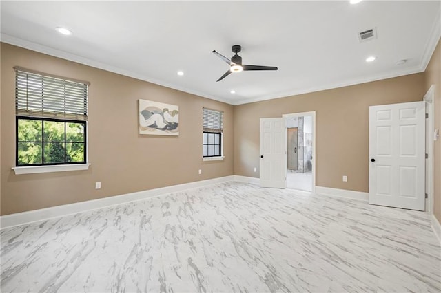 unfurnished bedroom featuring multiple windows, crown molding, visible vents, and marble finish floor