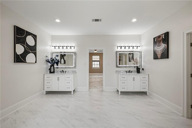 full bath with visible vents, marble finish floor, and baseboards