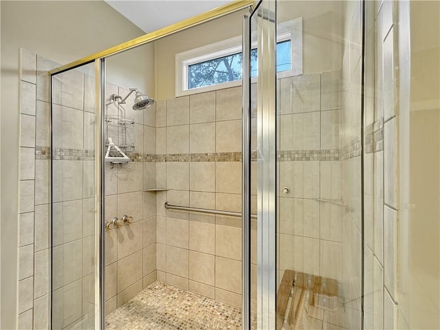 bathroom featuring a shower with shower door