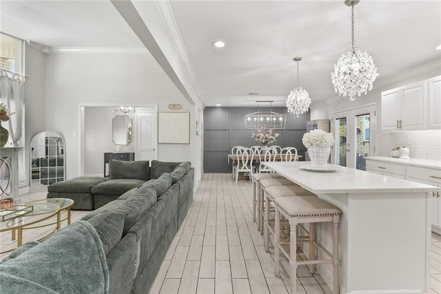 living room with crown molding