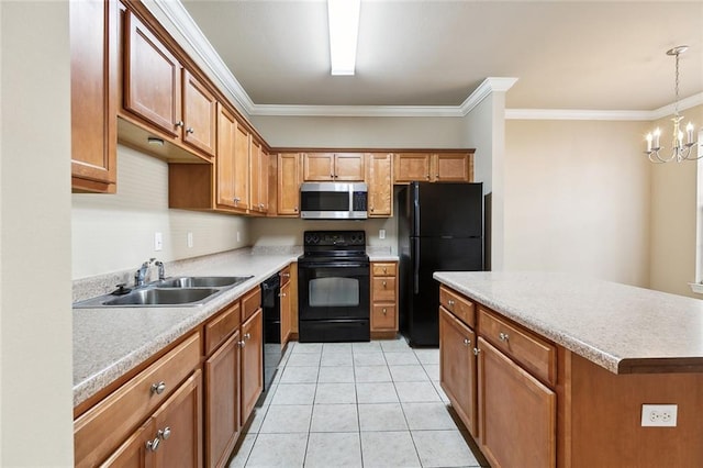 kitchen featuring black appliances, sink, light tile patterned floors, ornamental molding, and pendant lighting