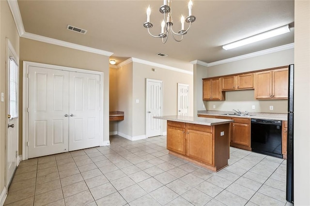 kitchen featuring a center island, black dishwasher, a chandelier, ornamental molding, and pendant lighting