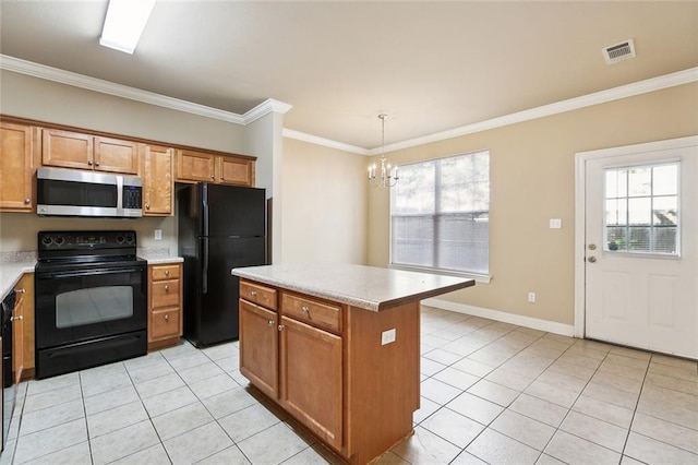 kitchen featuring black appliances, light tile patterned floors, crown molding, a kitchen island, and pendant lighting